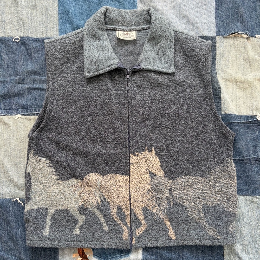 vtg 90s black mountain outdoor horse blanket blue vest made in usa size XL